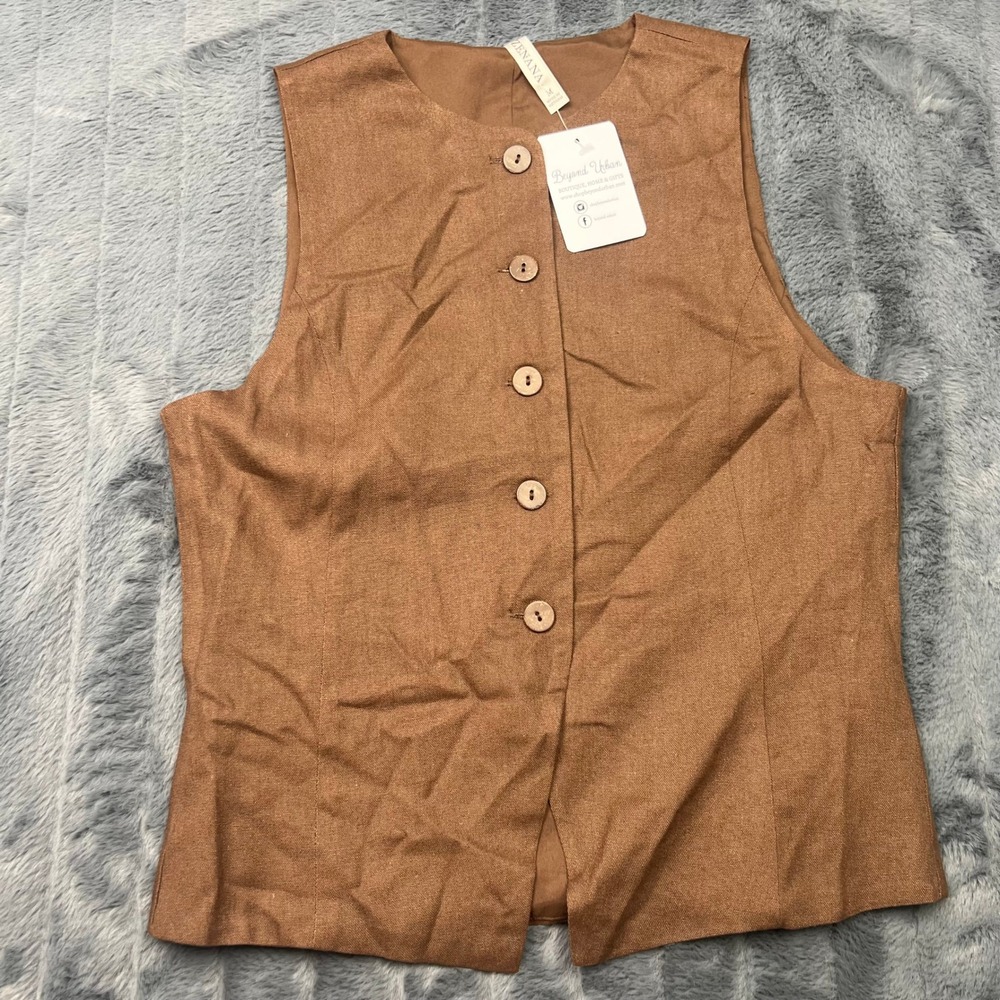 Zenana Brown Linen Blend Button Front Tailored Vest QT-7278Y Womens Medium
